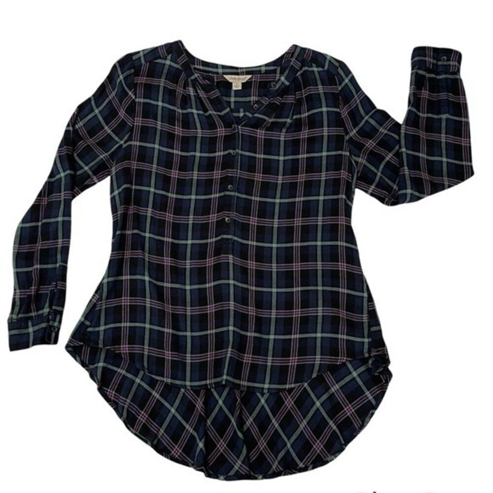 Lucky Brand Half Button Up Plaid Blouse Navy Blue Soft Comfy Relaxed Fit Women S